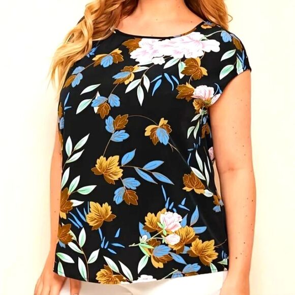 Women's Plus Floral Print Cap Sleeve Round Neck Blouse - Picture 1 of 4